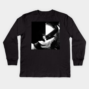 Portrait, digital collage, special processing. Weird and mystic. Man in room, do movement by hands. Time. Grayscale and bright. Kids Long Sleeve T-Shirt